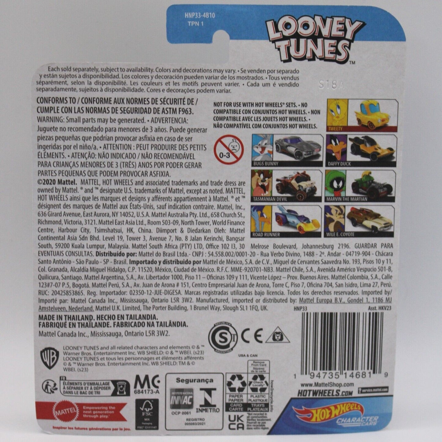 Hot Wheels 1:64 Diecast Character Cars Looney Tunes 7 Car Complete Set