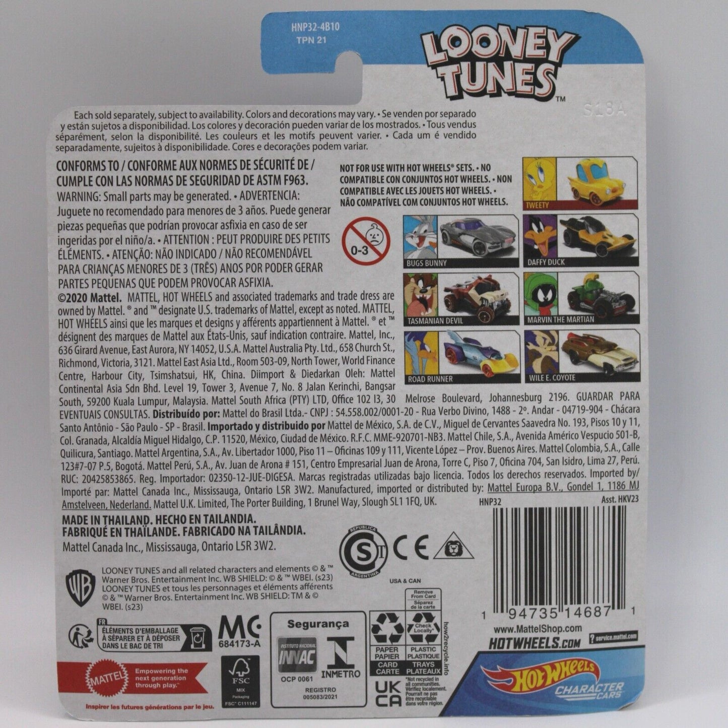 Hot Wheels 1:64 Diecast Character Cars Looney Tunes 7 Car Complete Set