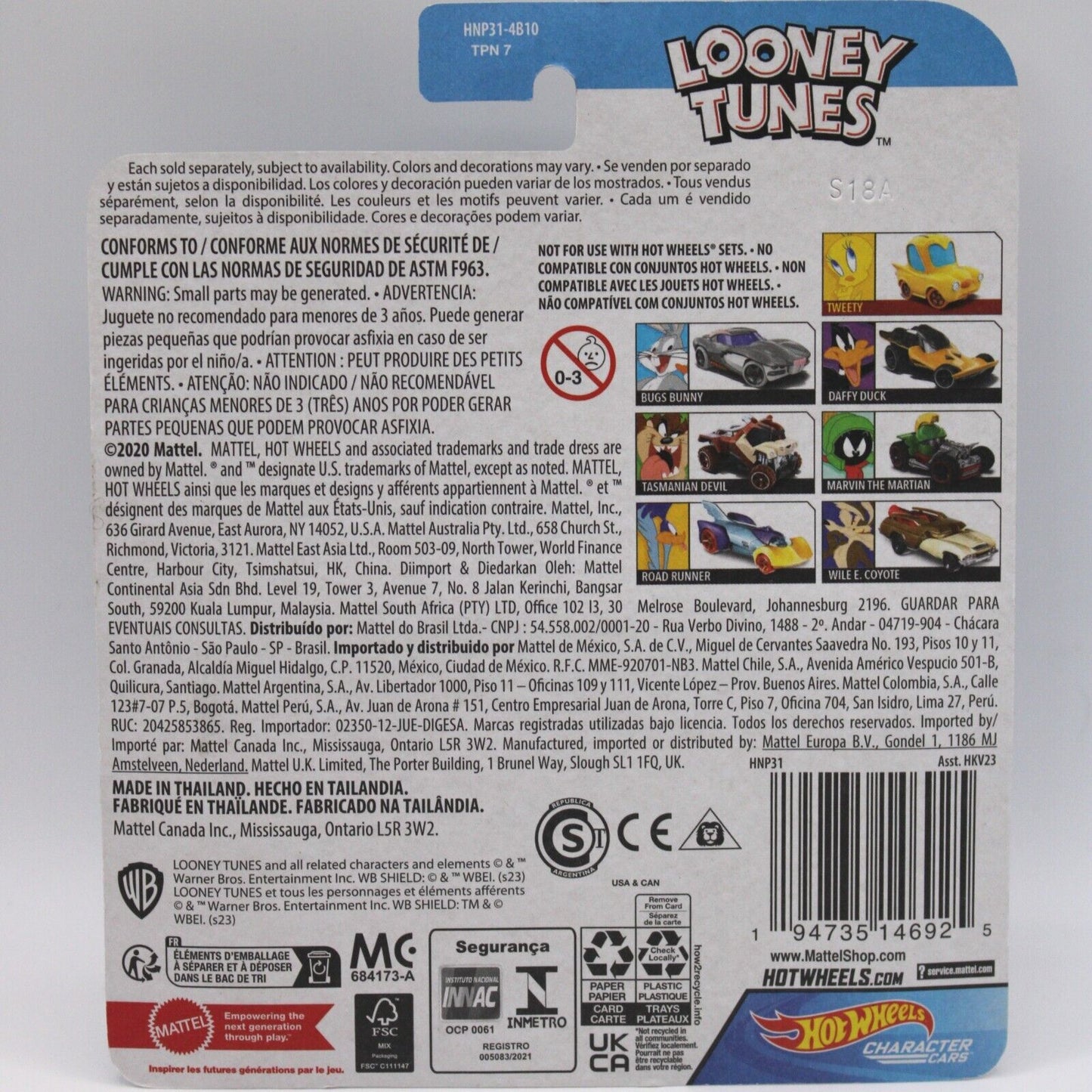 Hot Wheels 1:64 Diecast Character Cars Looney Tunes 7 Car Complete Set
