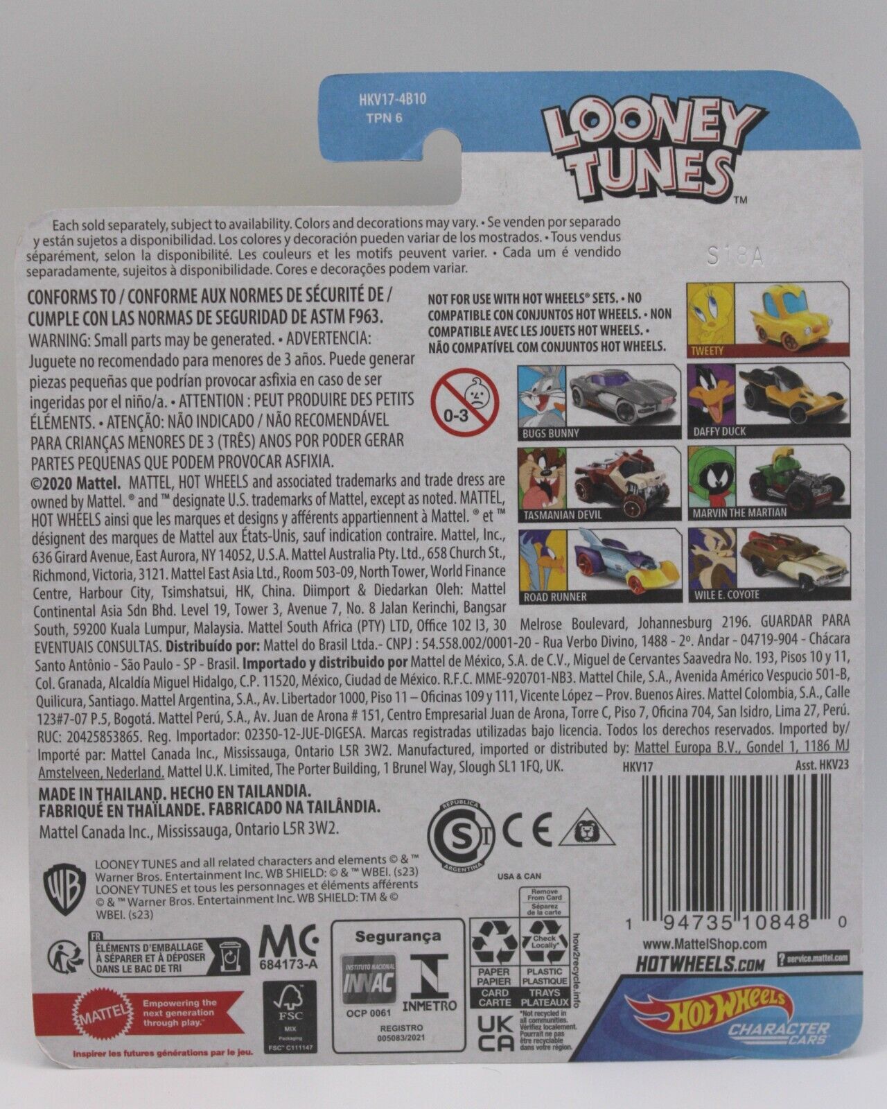 Hot Wheels 1:64 Diecast Character Cars Looney Tunes 7 Car Complete Set