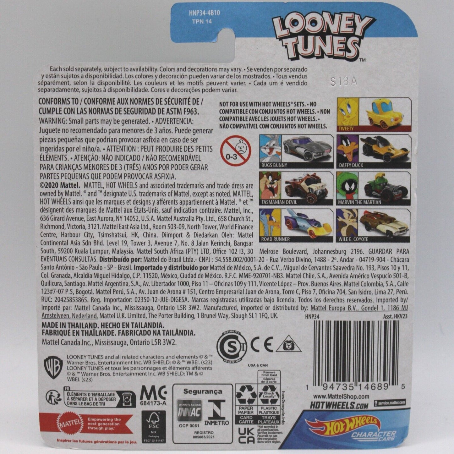 Hot Wheels 1:64 Diecast Character Cars Looney Tunes 7 Car Complete Set