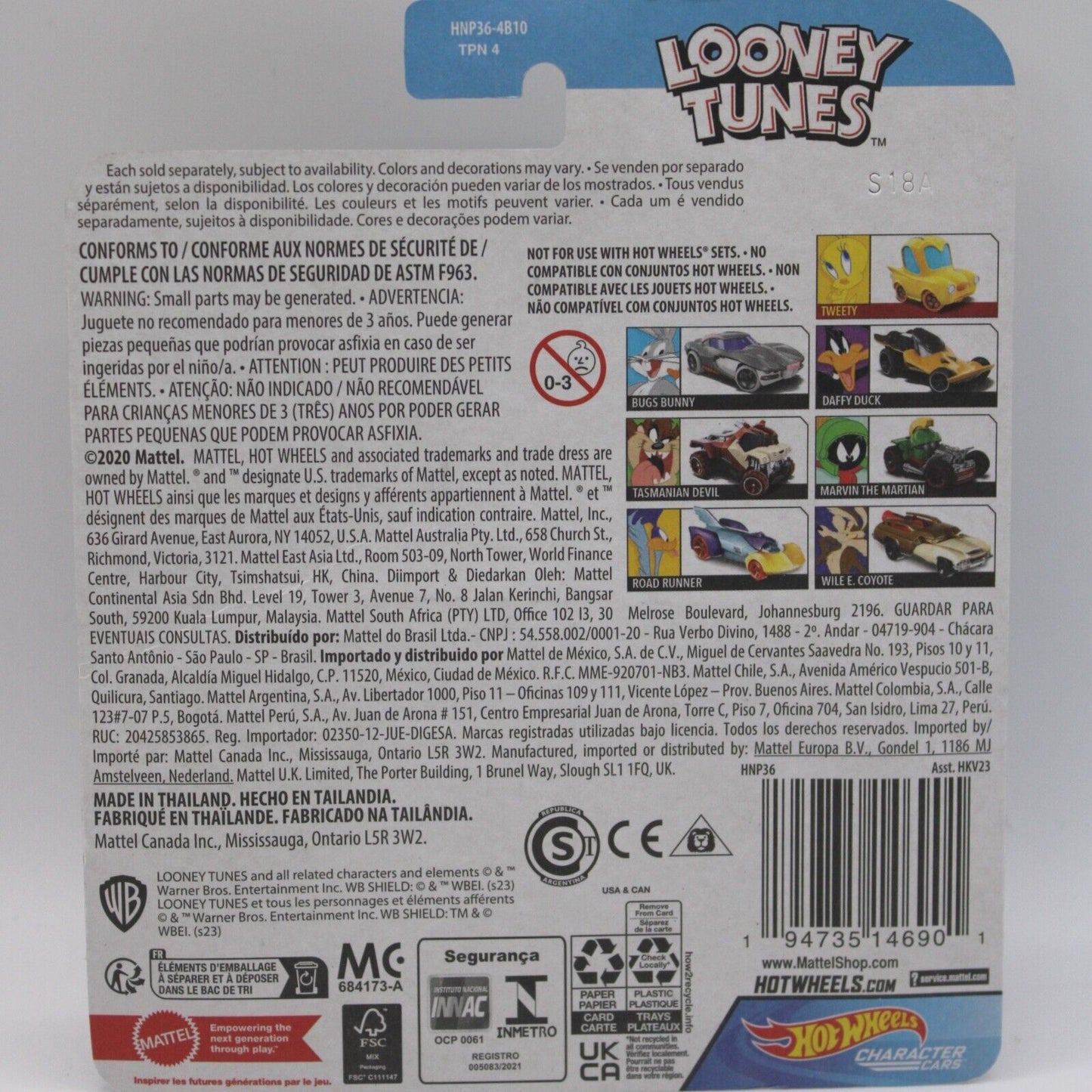 Hot Wheels 1:64 Diecast Character Cars Looney Tunes 7 Car Complete Set