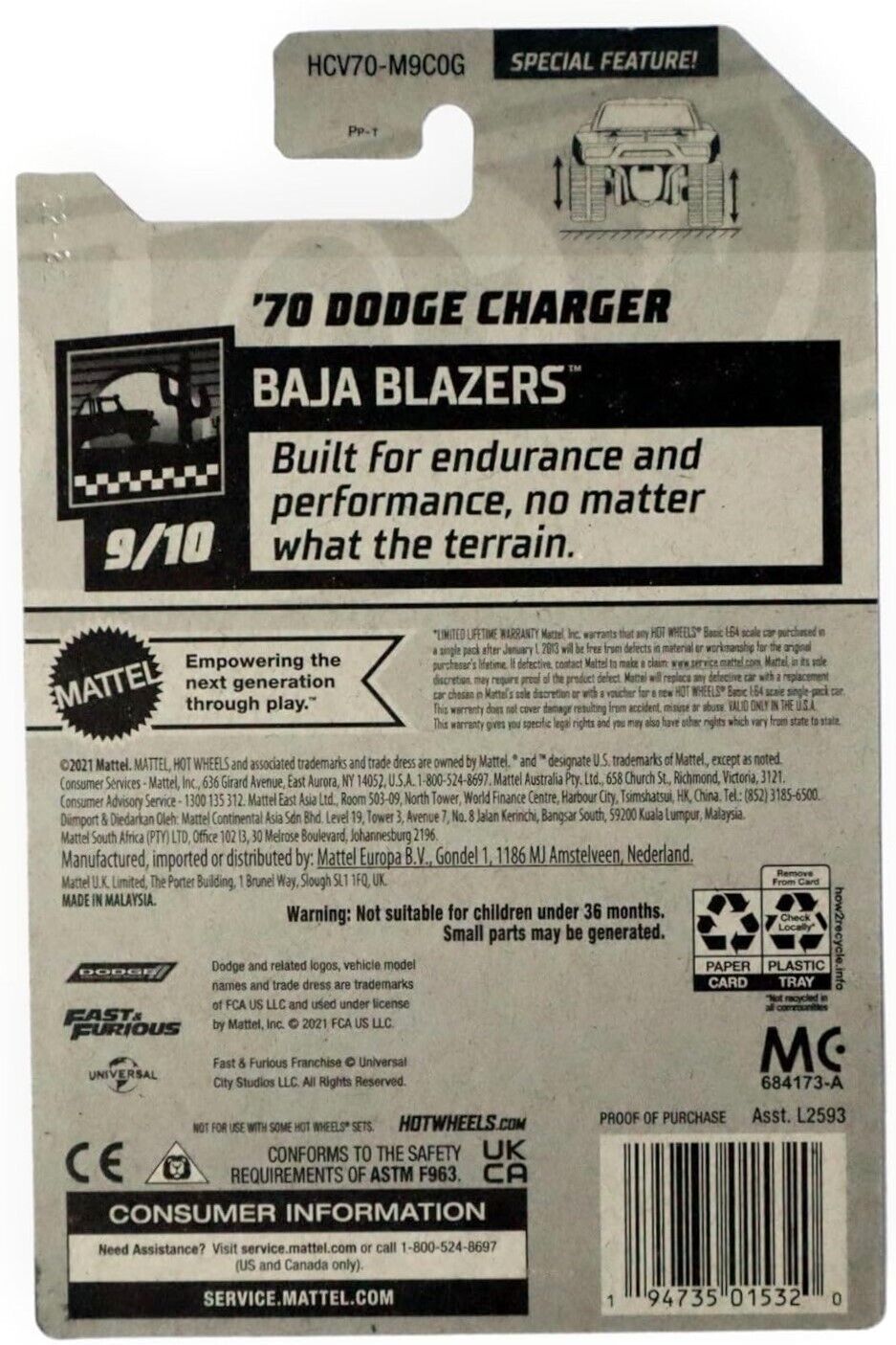 Hot Wheels Fast & Furious Black '70 Dodge Charger 9/10 Baja Blazers 129/250