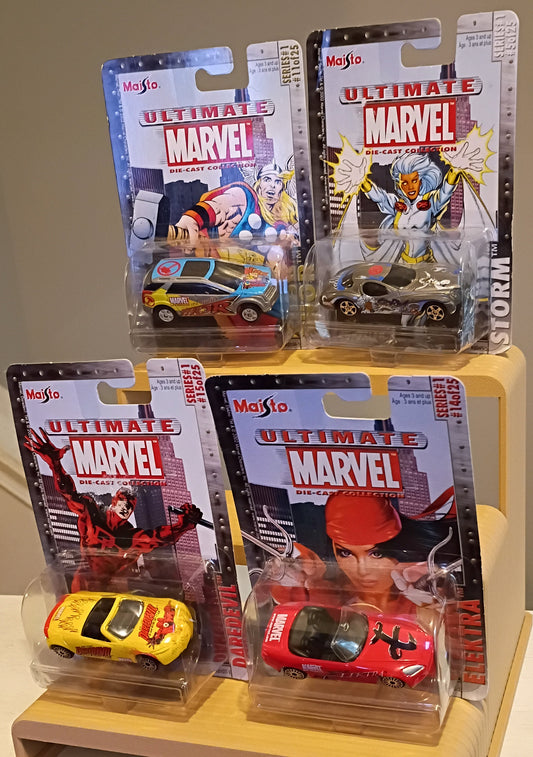 Set of 4 Maisto Ultimate Marvel Diecast Vehicles (2002) - Thor, Storm, Daredevil, Elektra