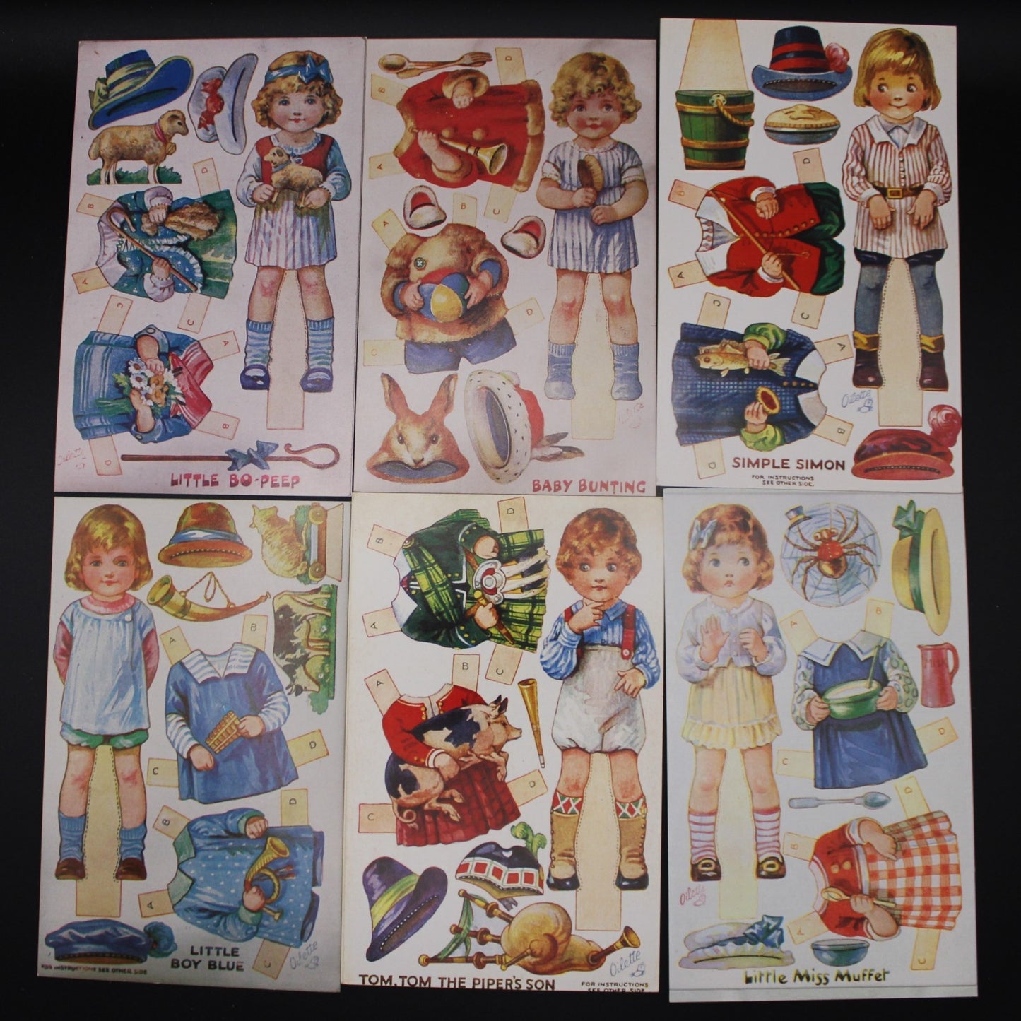 Nursery Rhymes Dressing Dolls Cut Out Postcard Set of 6 Paperdoll Oilette Repro