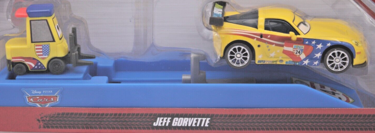 Disney Pixar Cars Jeff Gorvette Launcher 1:55 Diecast Metal Yellow Car &Forklift