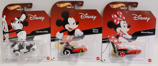 Hot Wheels Character Cars Steamboat Willie & Mickey Minnie Mouse Disney Lot Of 3
