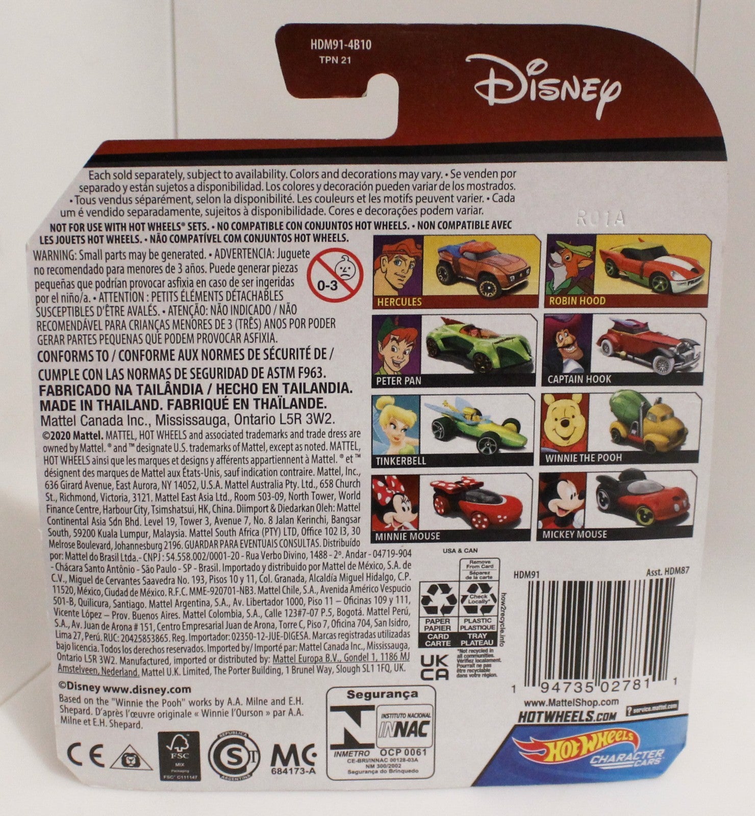 2 Hot Wheels Disney Character Cars Hercules and Peter Pan