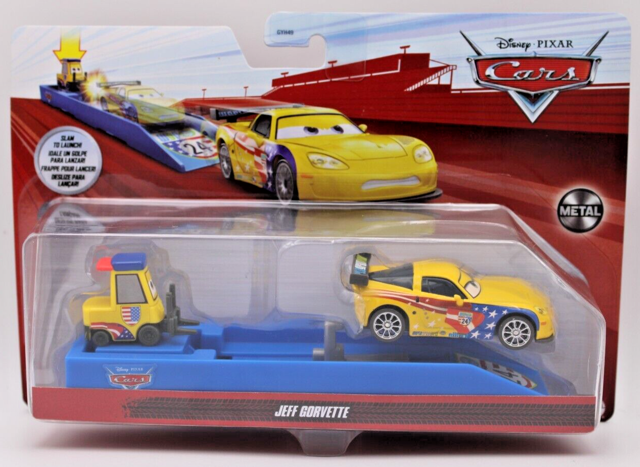 Disney Pixar Cars Jeff Gorvette Launcher 1:55 Diecast Metal Yellow Car &Forklift