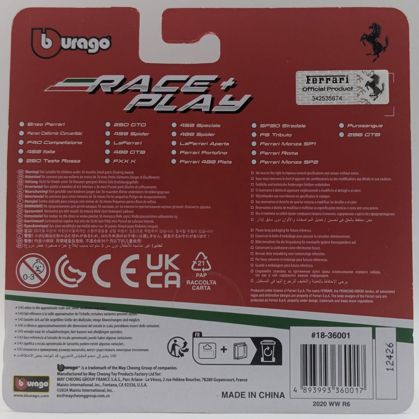 Race & Play 458 Ferrari Spider Red 1:43 Scale Burago Ages 3 & Up