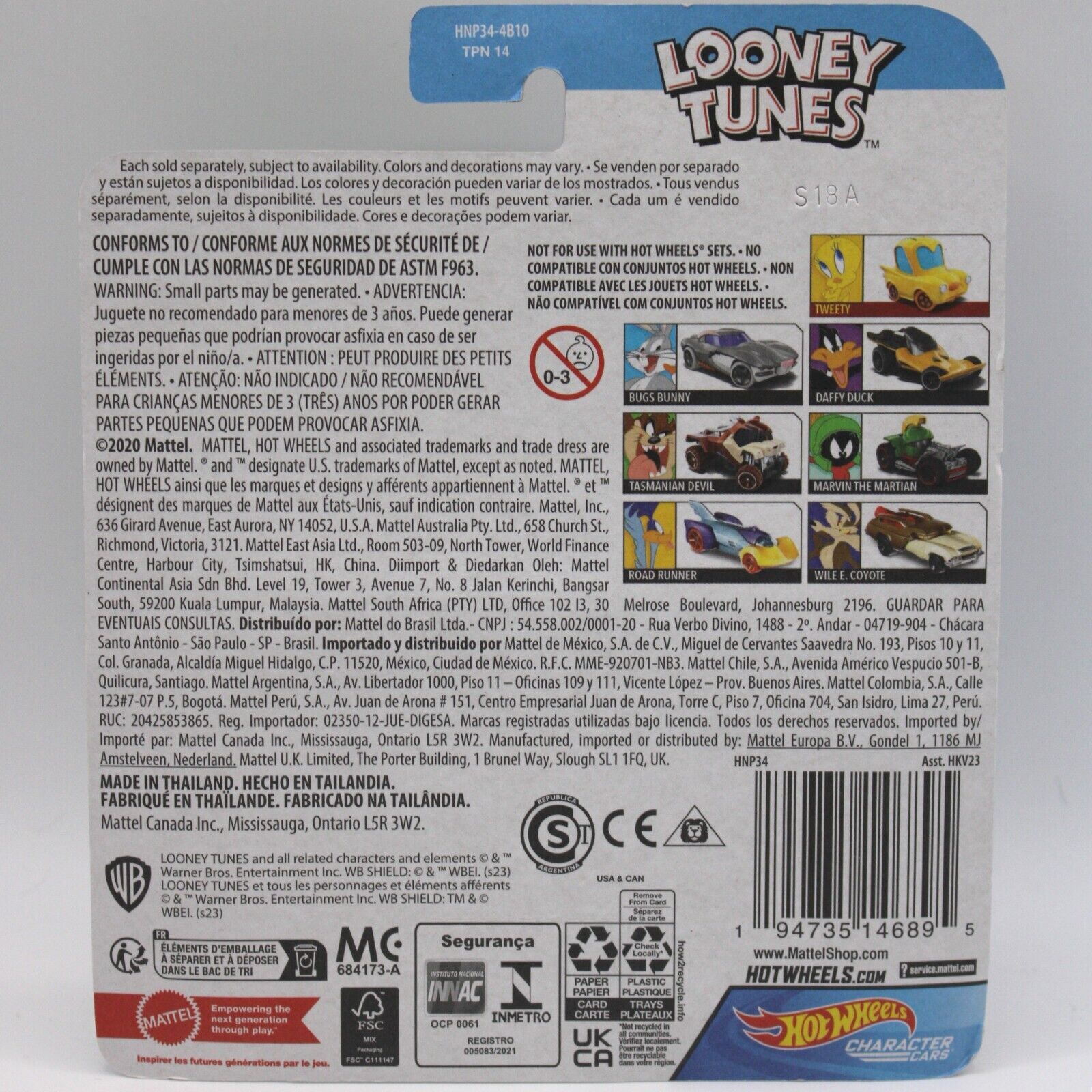 Hot Wheels 1:64 Diecast Character Cars Looney Tunes 7 Car Complete Set
