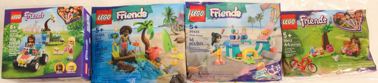 4 LEGO Friends - Vet Clinic Rescue Buggy, Beach Cleanup, Skate Ramp, Park Picnic