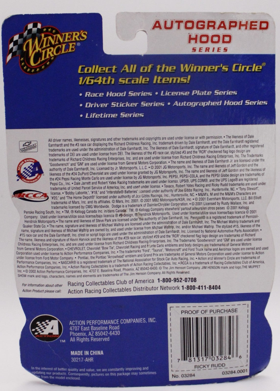 Winner's Circle 2002 Ricky Rudd 1/64 Havoline Muppet Show Diecast Car Hood 