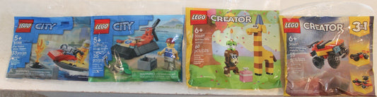 4 LEGO Polybags 2 City  2 Creator Party Animals Monster Truck Hovercraft Jet Ski