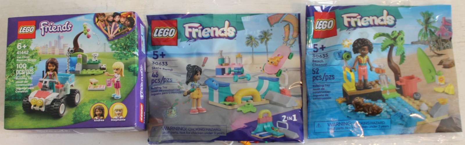3 LEGO Friends- 41442 Vet Clinic Resc Buggy 30633 Beach Cleanup 30635 Skate Ramp