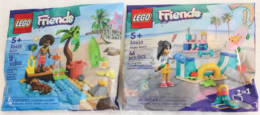 2 LEGO Friends Polybag Sets - 30633 Beach Cleanup and 30635 Skate Ramp