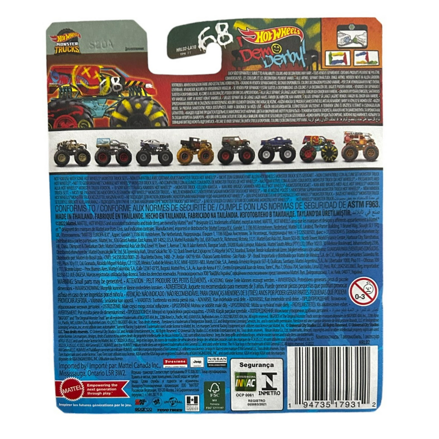 Hot Wheels HW Demo Derby Monster Trucks Live 6/8 Includes Crushed Car 1:64