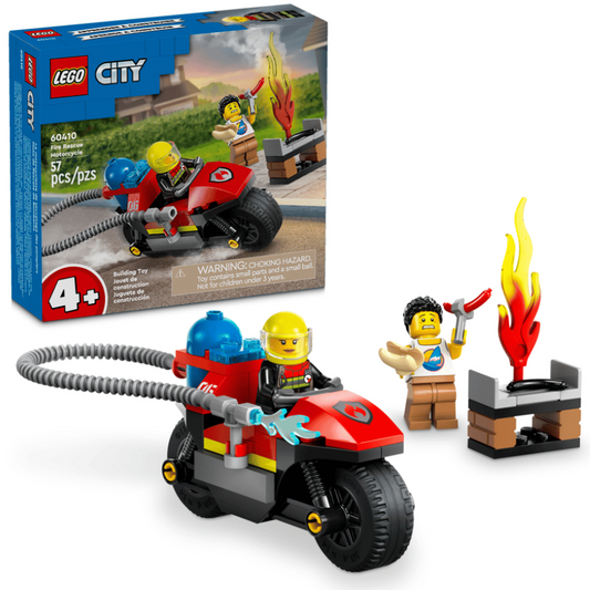 LEGO City set with firefighters on ATVs and a fire scene, including a box in the background.